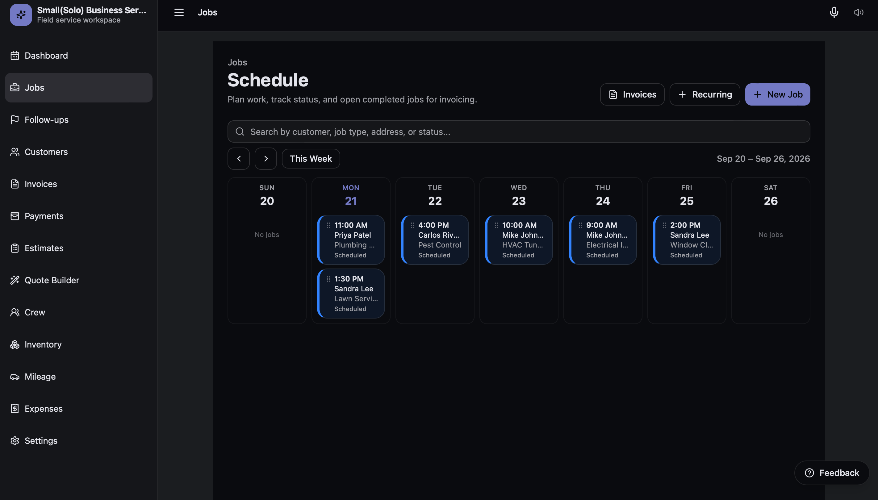 Small(Solo) Business Services desktop weekly calendar — drag and drop to reschedule a job